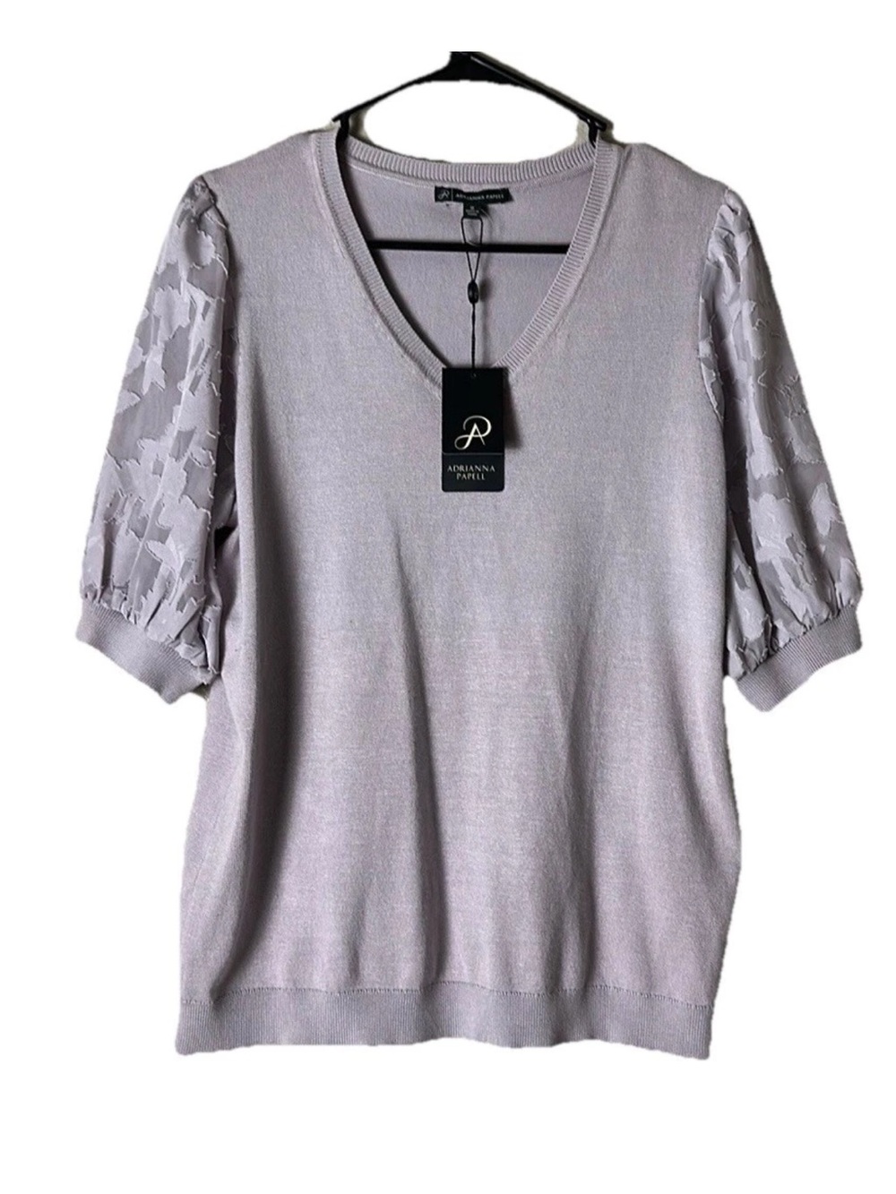 Adrianna Papell Gray Top with Sheer Sleeves NWT